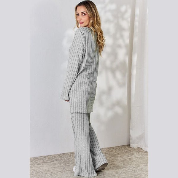 Basic Bae Full Size Ribbed High-Low Top and Wide Leg Pants Set