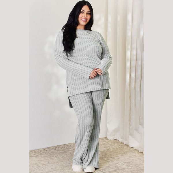 Basic Bae Full Size Ribbed High-Low Top and Wide Leg Pants Set