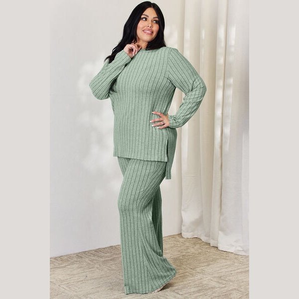 Basic Bae Full Size Ribbed High-Low Top and Wide Leg Pants Set