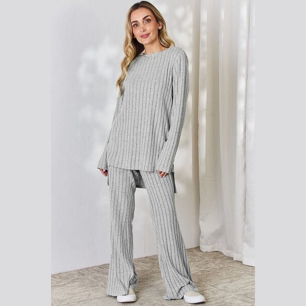 Basic Bae Full Size Ribbed High-Low Top and Wide Leg Pants Set