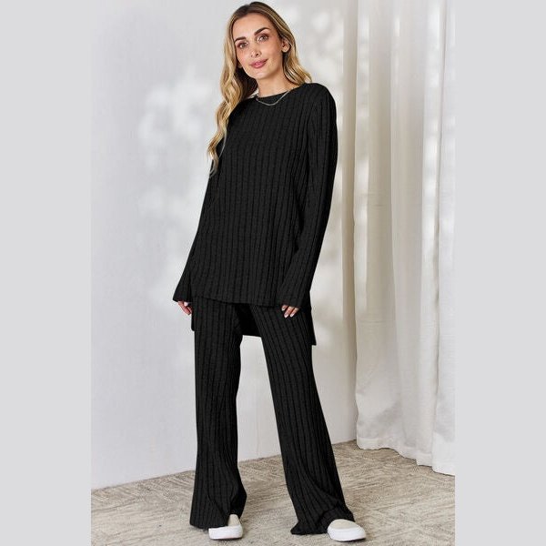 Basic Bae Full Size Ribbed High-Low Top and Wide Leg Pants Set