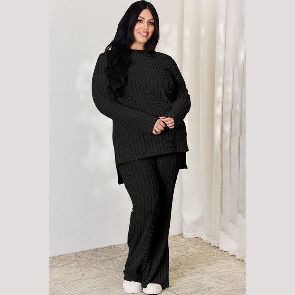 Basic Bae Full Size Ribbed High-Low Top and Wide Leg Pants Set