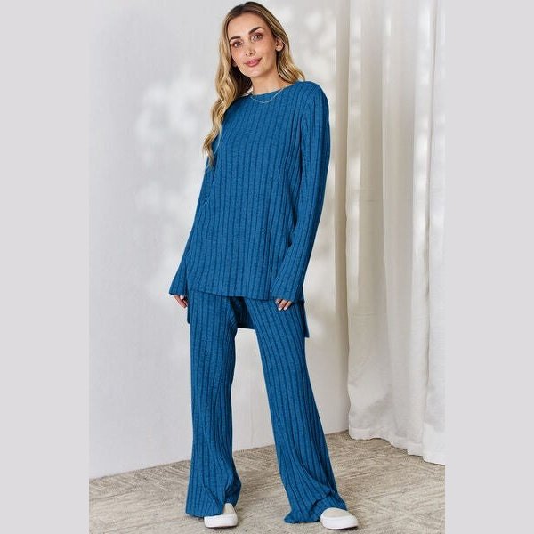 Basic Bae Full Size Ribbed High-Low Top and Wide Leg Pants Set