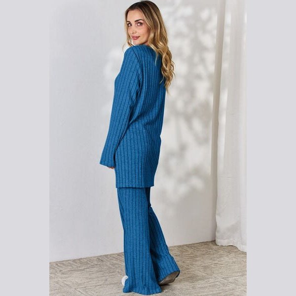 Basic Bae Full Size Ribbed High-Low Top and Wide Leg Pants Set