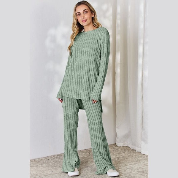 Basic Bae Full Size Ribbed High-Low Top and Wide Leg Pants Set