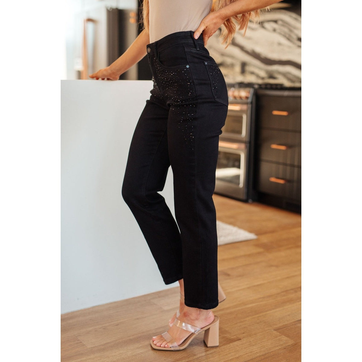 Reese Rhinestone Slim Fit Jeans in Black