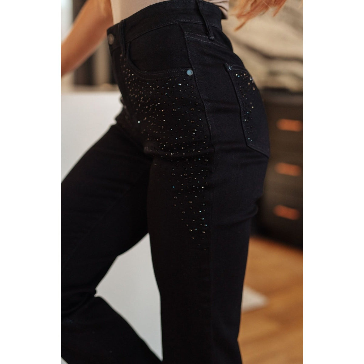 Reese Rhinestone Slim Fit Jeans in Black