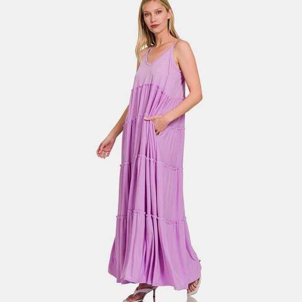 Zenana Frill Tiered V-Neck Maxi Cami Dress