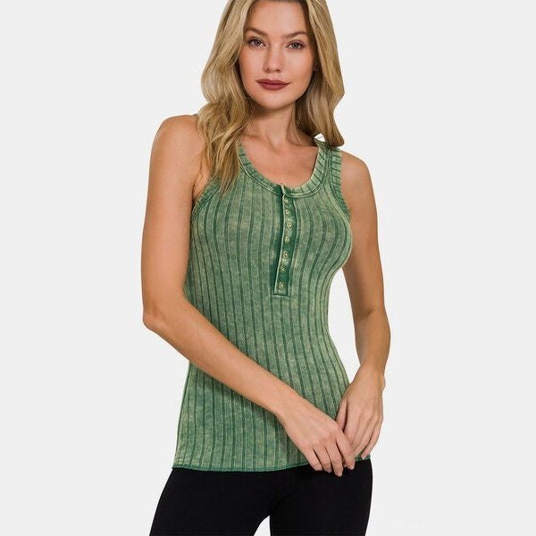 Zenana Washed Ribbed Half Snap Henry Tank