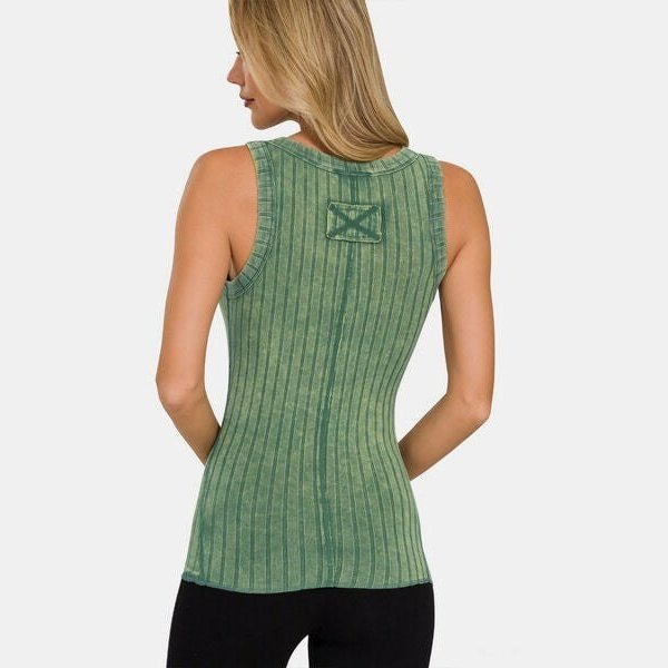 Zenana Washed Ribbed Half Snap Henry Tank